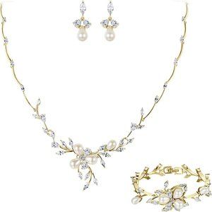 Marquise CZ Simulated Pearl Bridal Flower Leaf Filigree Necklace Earrings